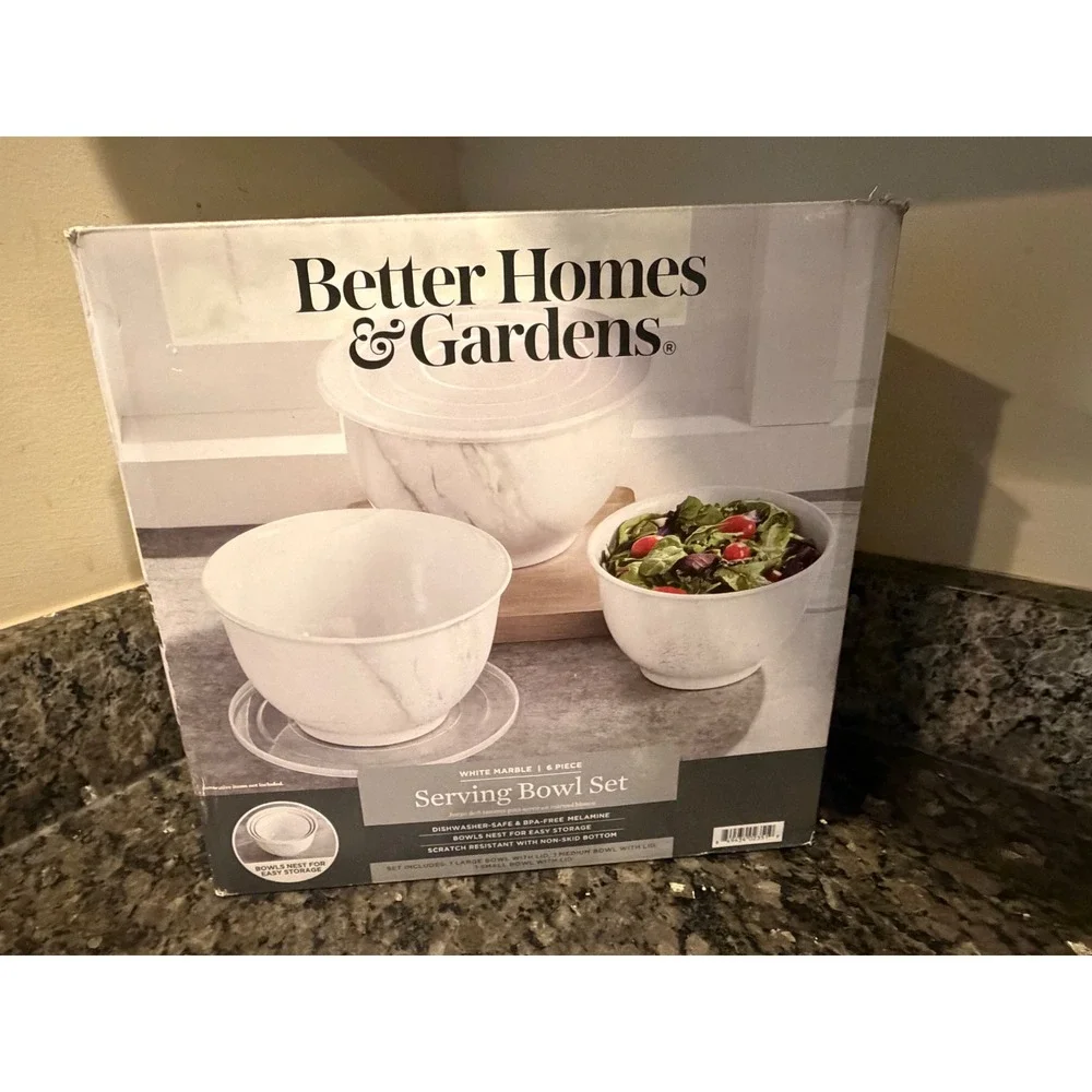 Better Homes & Gardens White Marble 6 Piece Melamine Serving Bowl Set with Lids